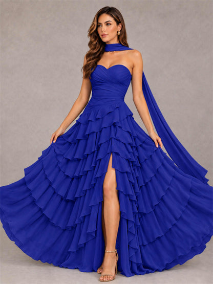A-Line Strapless Pleated Side Slit Chiffon Evening Dress with Scarf