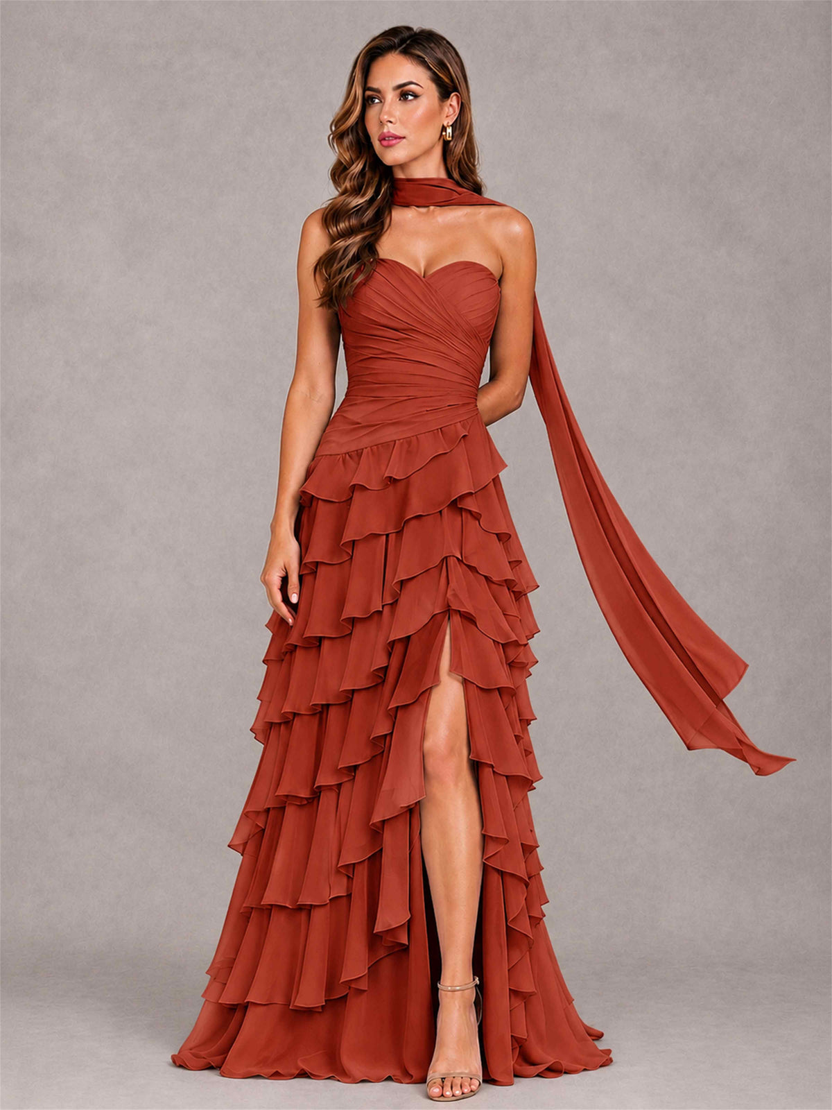 A-Line Strapless Pleated Side Slit Chiffon Evening Dress with Scarf