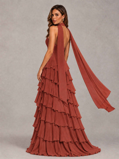 A-Line Strapless Pleated Side Slit Chiffon Evening Dress with Scarf