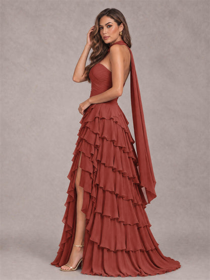A-Line Strapless Pleated Side Slit Chiffon Evening Dress with Scarf
