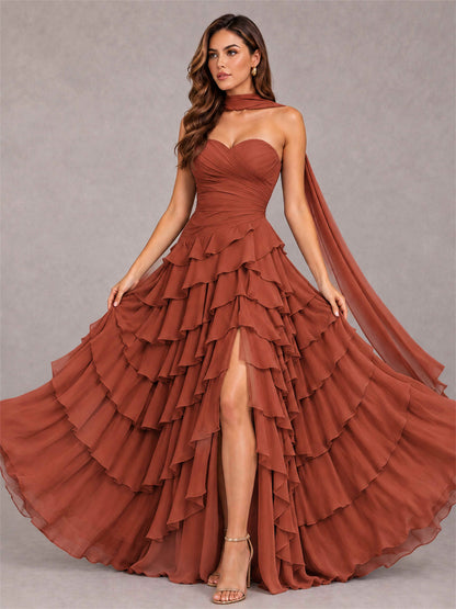 A-Line Strapless Pleated Side Slit Chiffon Evening Dress with Scarf