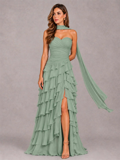 A-Line Strapless Pleated Side Slit Chiffon Evening Dress with Scarf