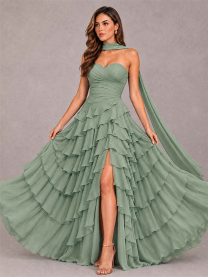 A-Line Strapless Pleated Side Slit Chiffon Evening Dress with Scarf