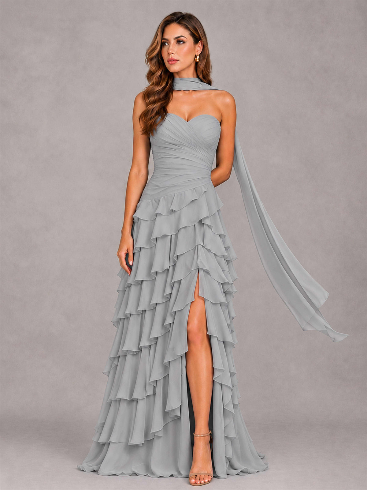 A-Line Strapless Pleated Side Slit Chiffon Evening Dress with Scarf