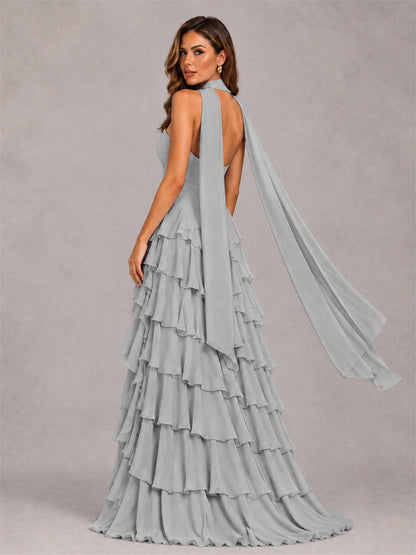 A-Line Strapless Pleated Side Slit Chiffon Evening Dress with Scarf