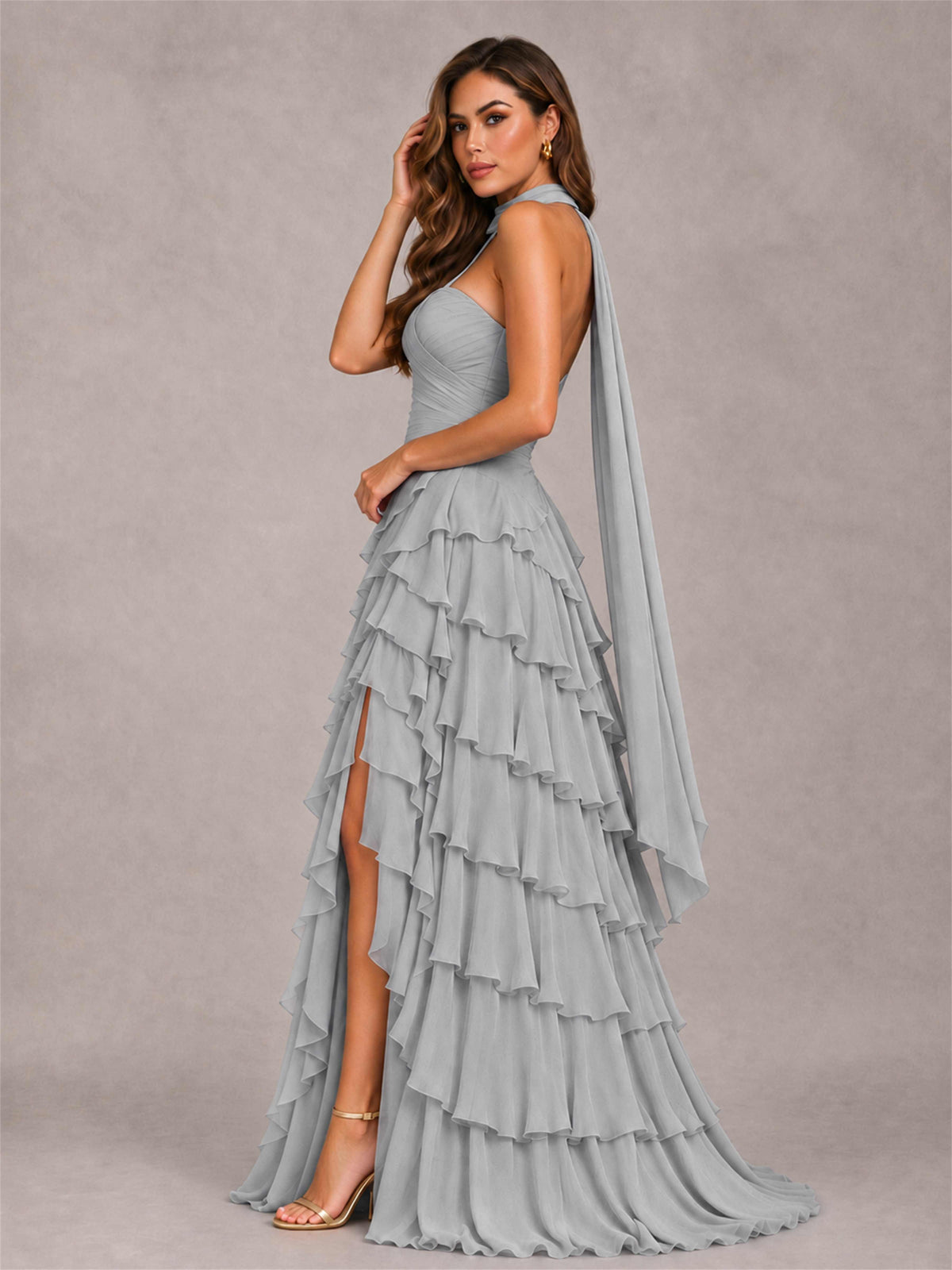 A-Line Strapless Pleated Side Slit Chiffon Evening Dress with Scarf