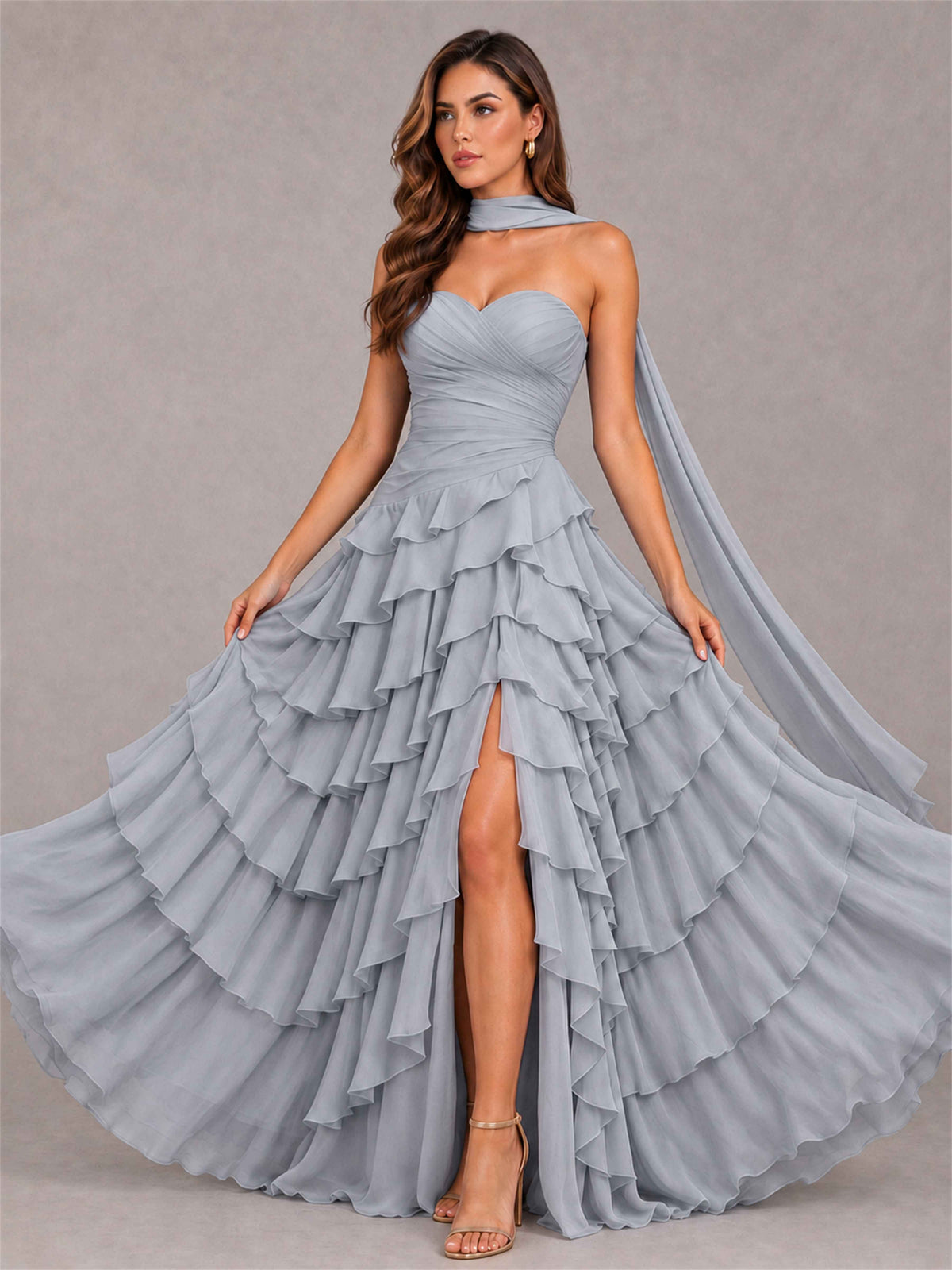 A-Line Strapless Pleated Side Slit Chiffon Evening Dress with Scarf