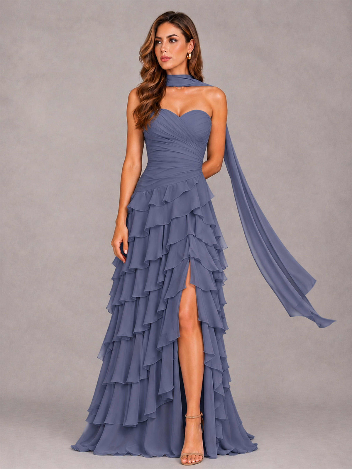 A-Line Strapless Pleated Side Slit Chiffon Evening Dress with Scarf