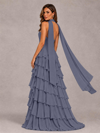 A-Line Strapless Pleated Side Slit Chiffon Evening Dress with Scarf