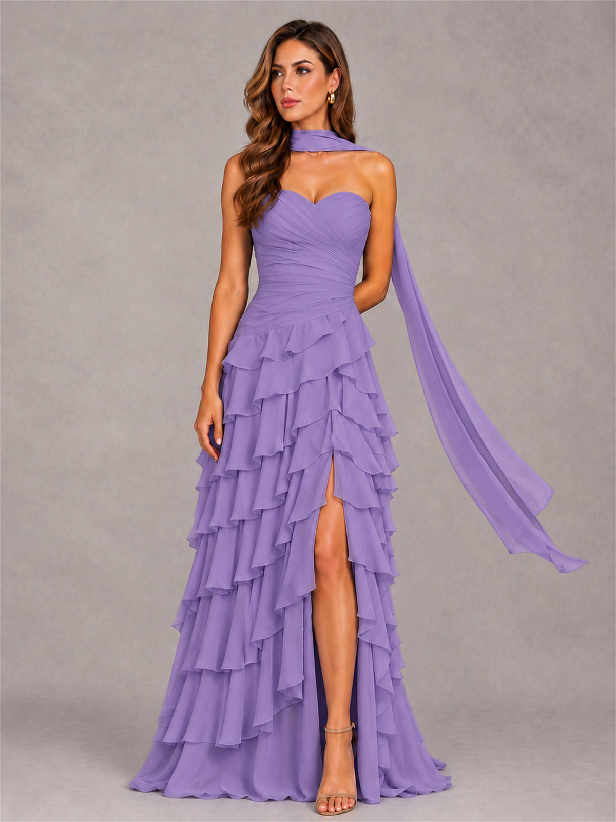 A-Line Strapless Pleated Side Slit Chiffon Evening Dress with Scarf