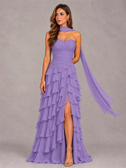 A-Line Strapless Pleated Side Slit Chiffon Evening Dress with Scarf
