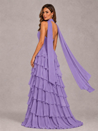 A-Line Strapless Pleated Side Slit Chiffon Evening Dress with Scarf