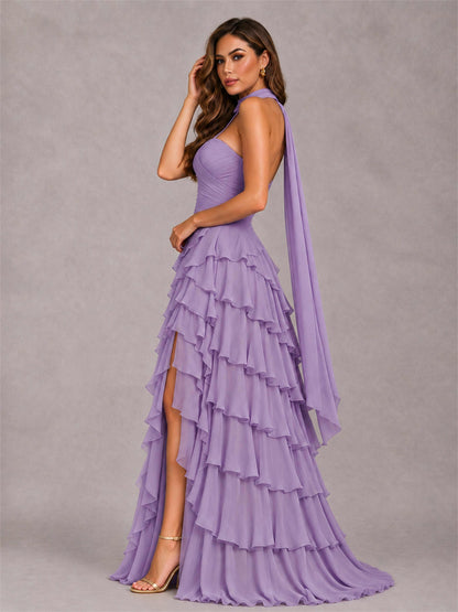 A-Line Strapless Pleated Side Slit Chiffon Evening Dress with Scarf