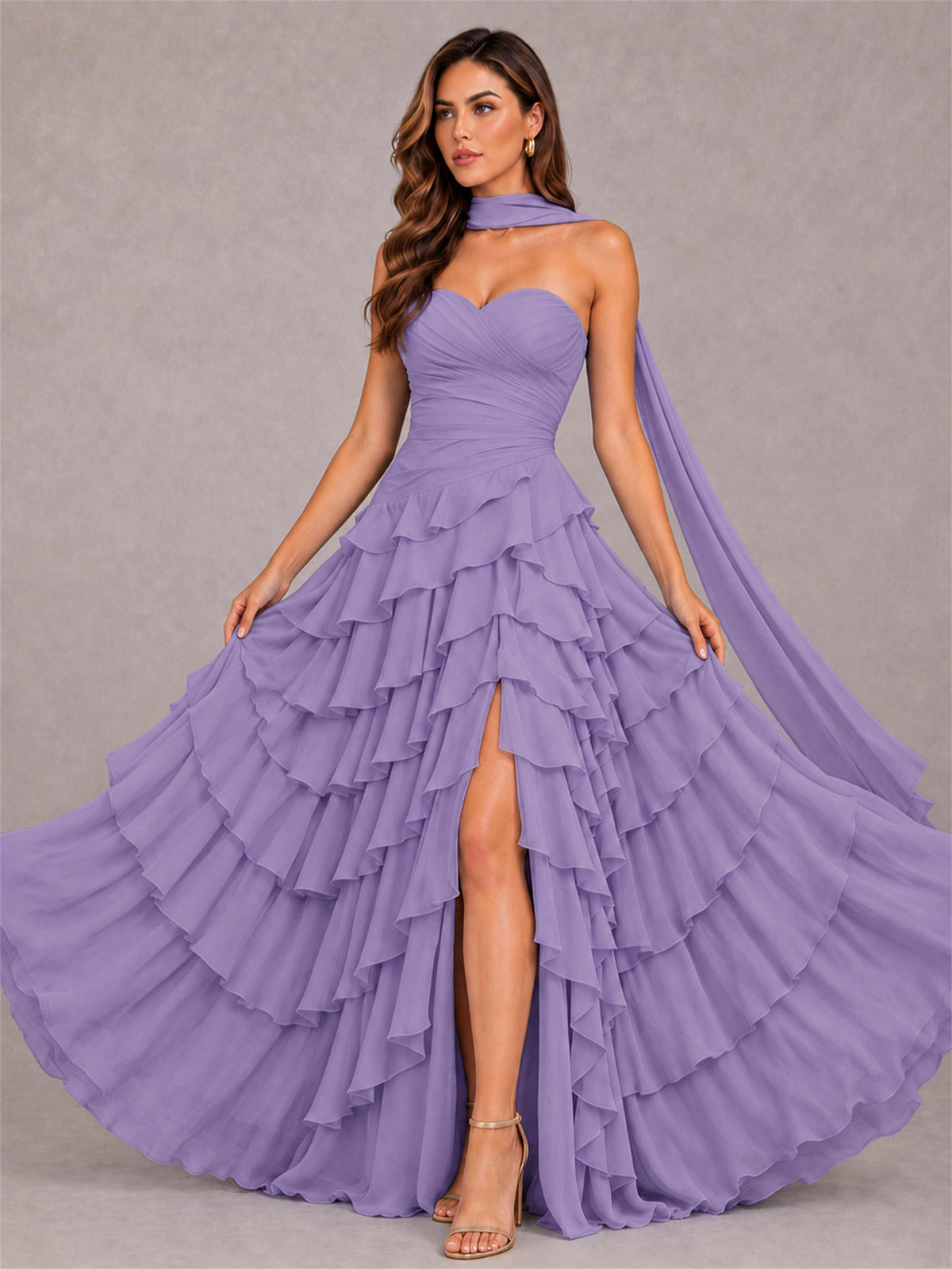 A-Line Strapless Pleated Side Slit Chiffon Evening Dress with Scarf