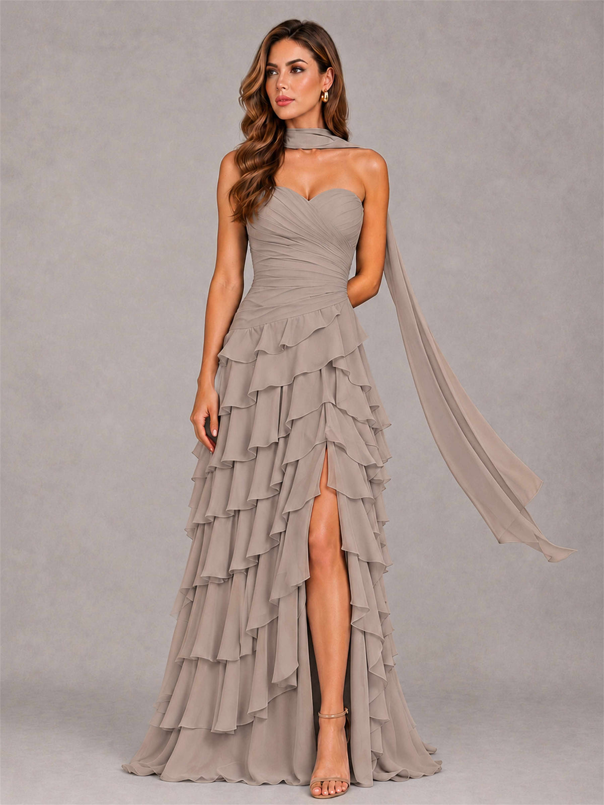 A-Line Strapless Pleated Side Slit Chiffon Evening Dress with Scarf