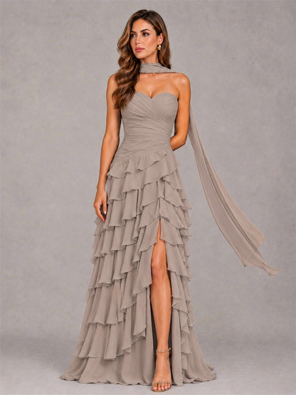 A-Line Strapless Pleated Side Slit Chiffon Evening Dress with Scarf