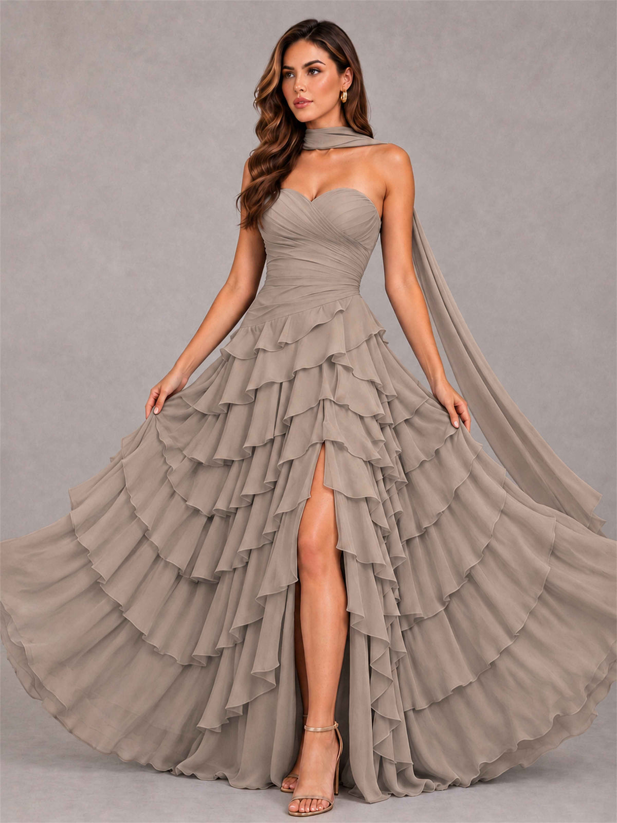 A-Line Strapless Pleated Side Slit Chiffon Evening Dress with Scarf