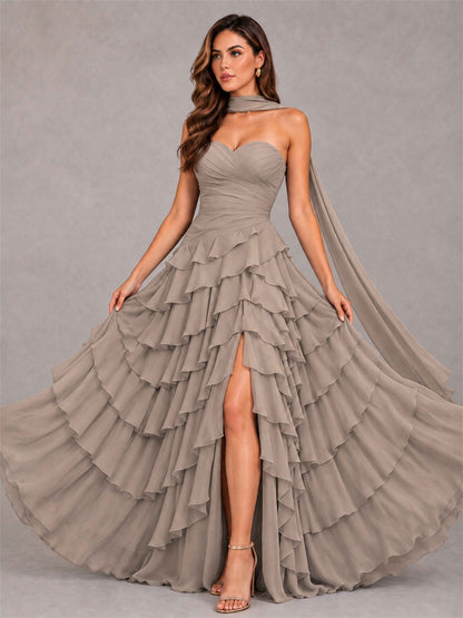 A-Line Strapless Pleated Side Slit Chiffon Evening Dress with Scarf