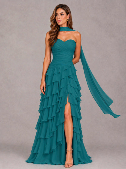 A-Line Strapless Pleated Side Slit Chiffon Evening Dress with Scarf