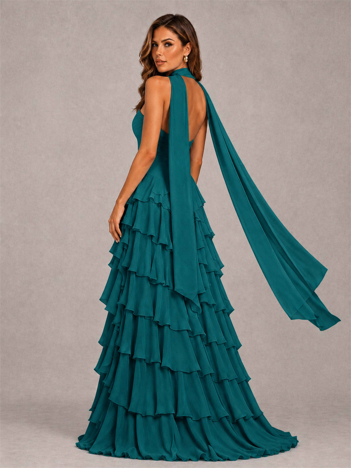 A-Line Strapless Pleated Side Slit Chiffon Evening Dress with Scarf