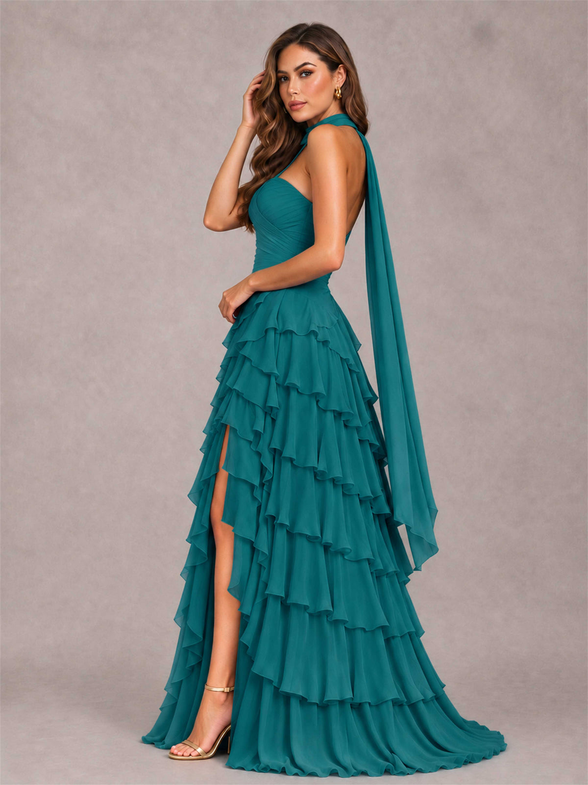 A-Line Strapless Pleated Side Slit Chiffon Evening Dress with Scarf