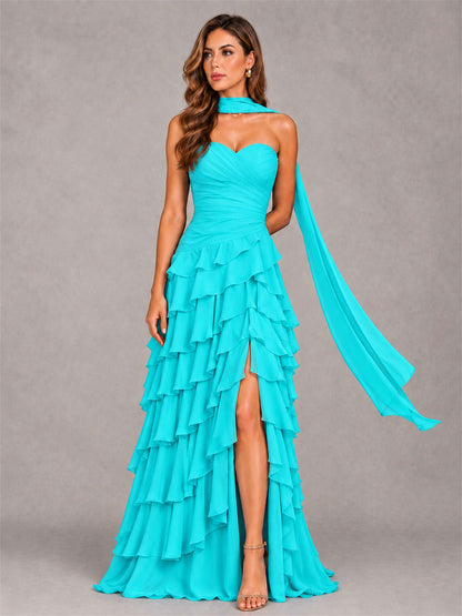 A-Line Strapless Pleated Side Slit Chiffon Evening Dress with Scarf