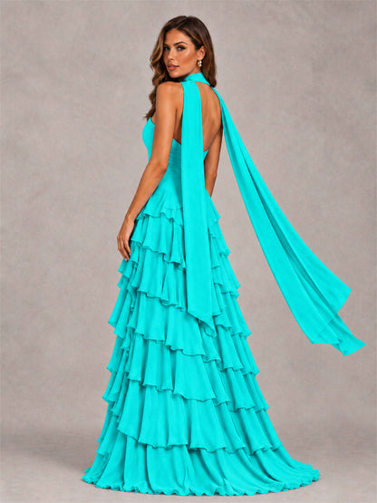 A-Line Strapless Pleated Side Slit Chiffon Evening Dress with Scarf