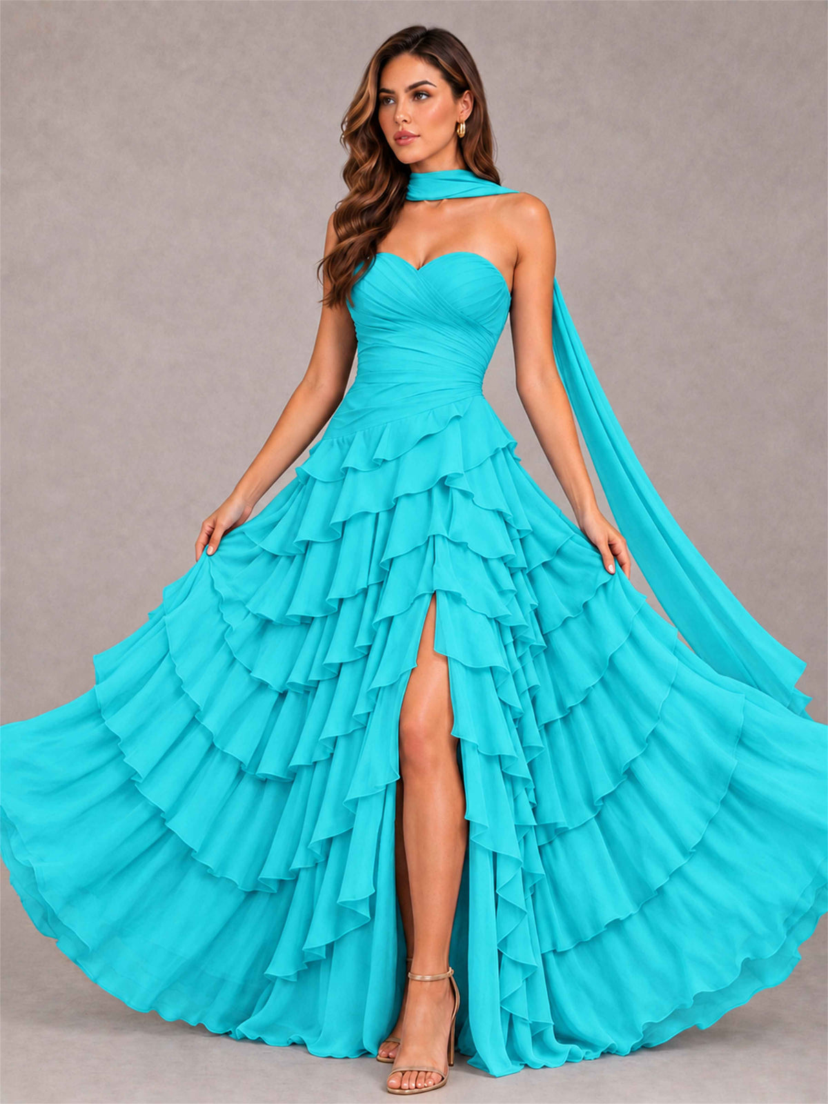 A-Line Strapless Pleated Side Slit Chiffon Evening Dress with Scarf
