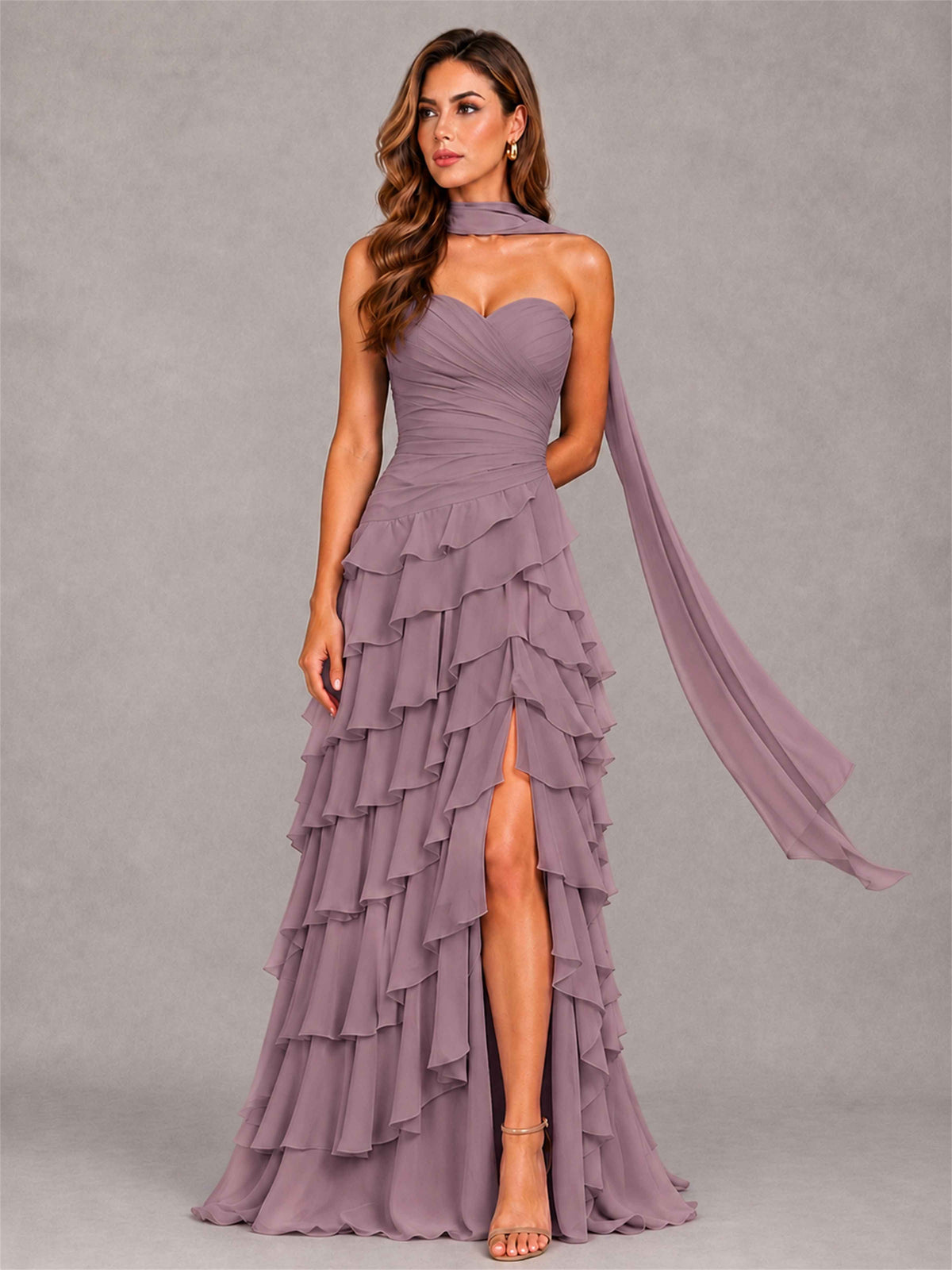 A-Line Strapless Pleated Side Slit Chiffon Evening Dress with Scarf