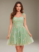 Free Shipping A-Line Sweetheart Mini Floral Embroidered Tulle Homecoming Dress with Bow Strap