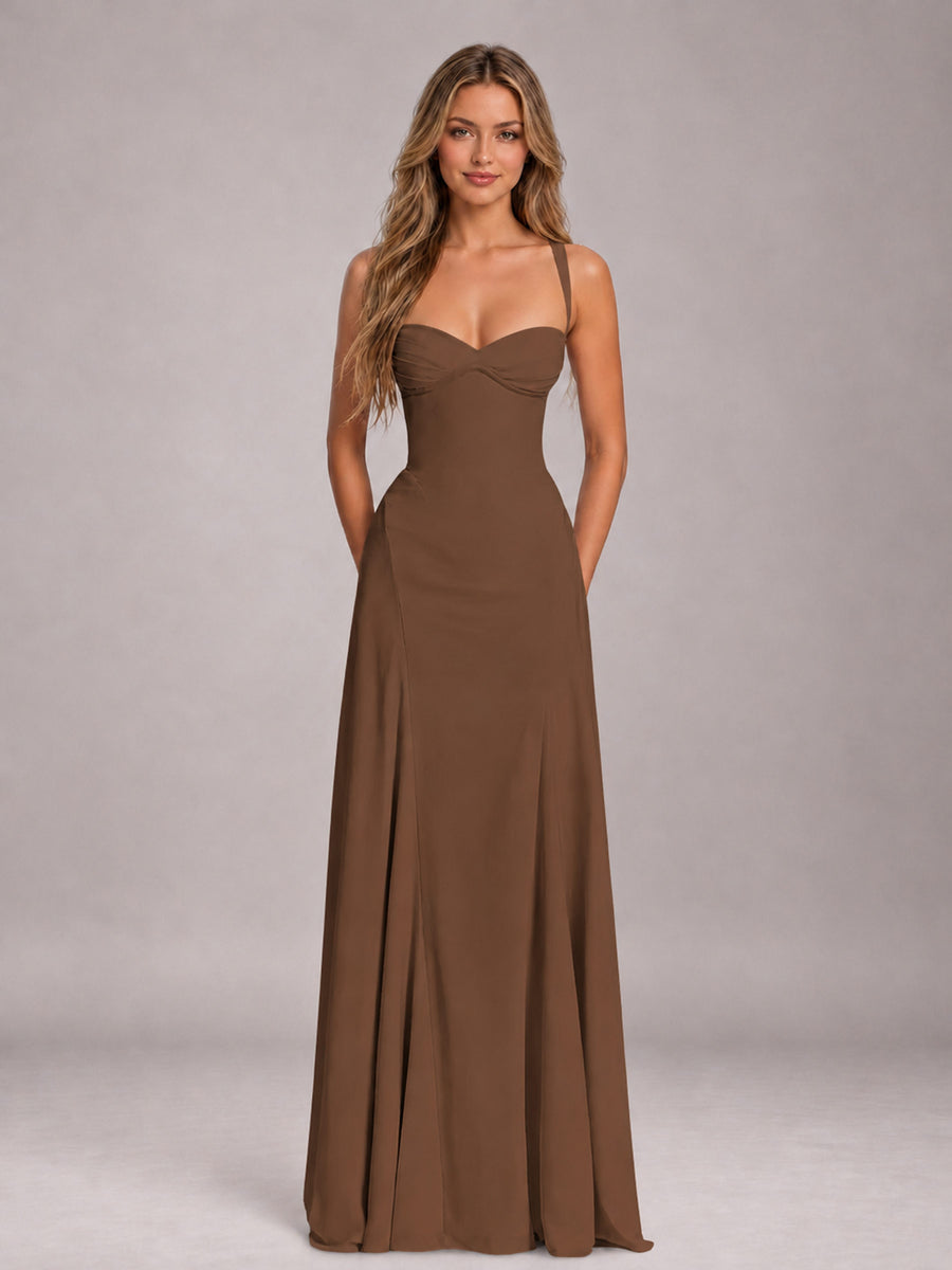 Brown A-Line Sweetheart Sleeveless Floor-Length Bridesmaid Dress