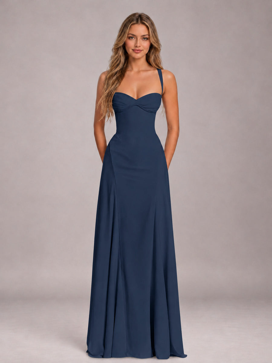 Navy Blue A-Line Sweetheart Sleeveless Floor-Length Bridesmaid Dress