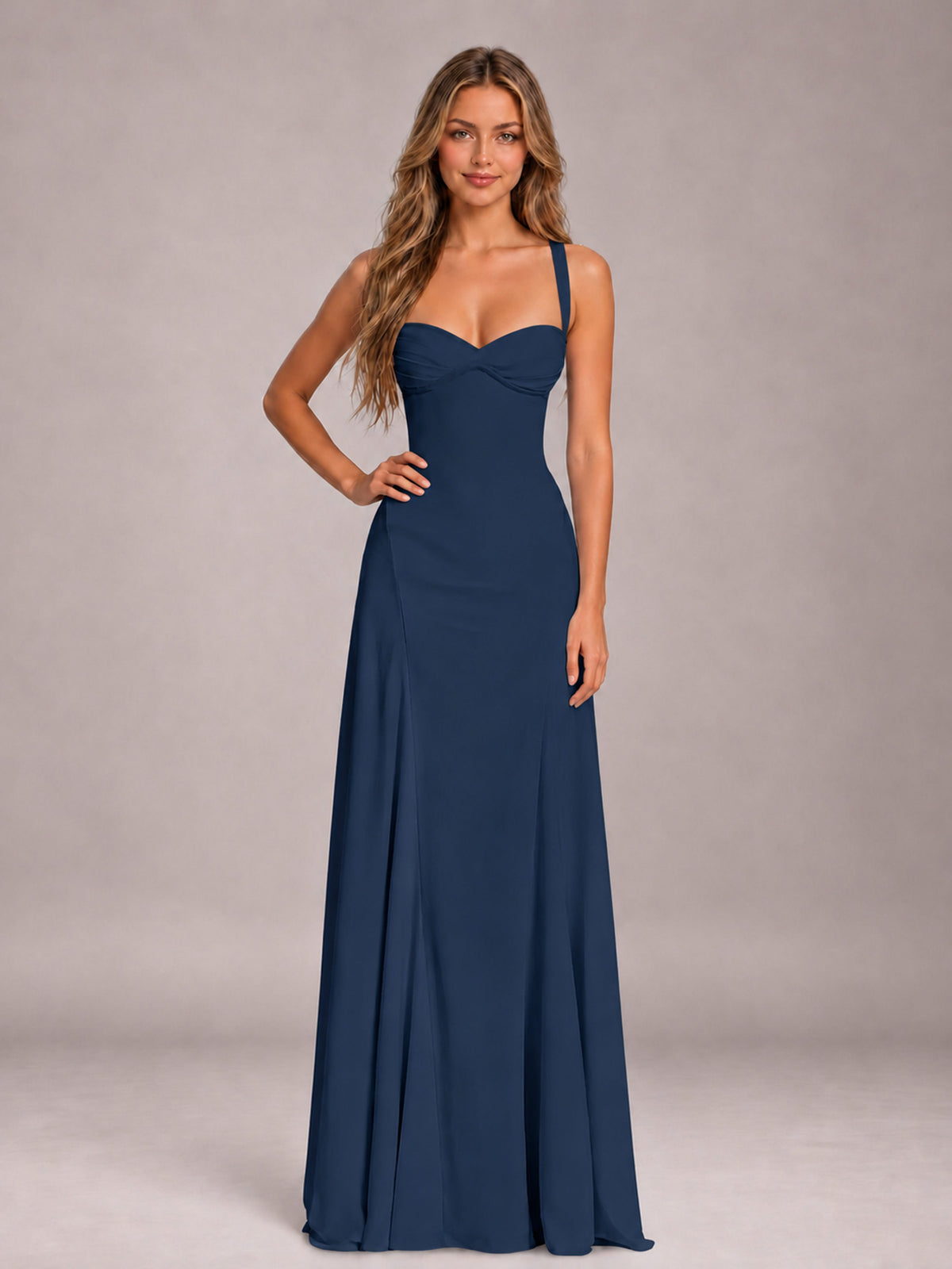 Navy Blue A-Line Sweetheart Sleeveless Floor-Length Bridesmaid Dress