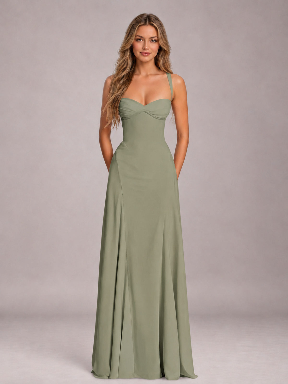Olive Green A-Line Sweetheart Sleeveless Floor-Length Bridesmaid Dress