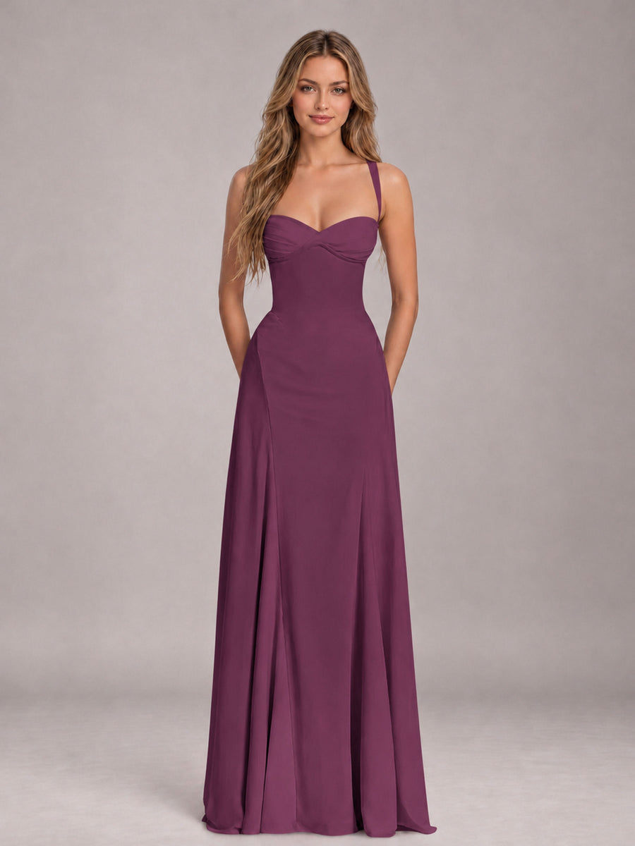 Plum A-Line Sweetheart Sleeveless Floor-Length Bridesmaid Dress