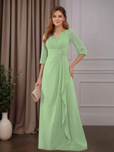 A-Line V-Neck 3/4 Length Sleeves Chiffon Mother of the Bride Dresses with Ruffles