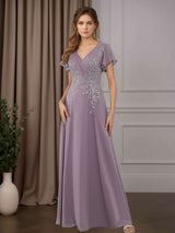 A-Line V-Neck Mother of the Bride Dresses with Short Sleeves and Appliques