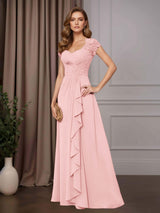 A-Line V-Neck Pleated Chiffon Mother of the Bride Dresses with Ruffles & Appliques
