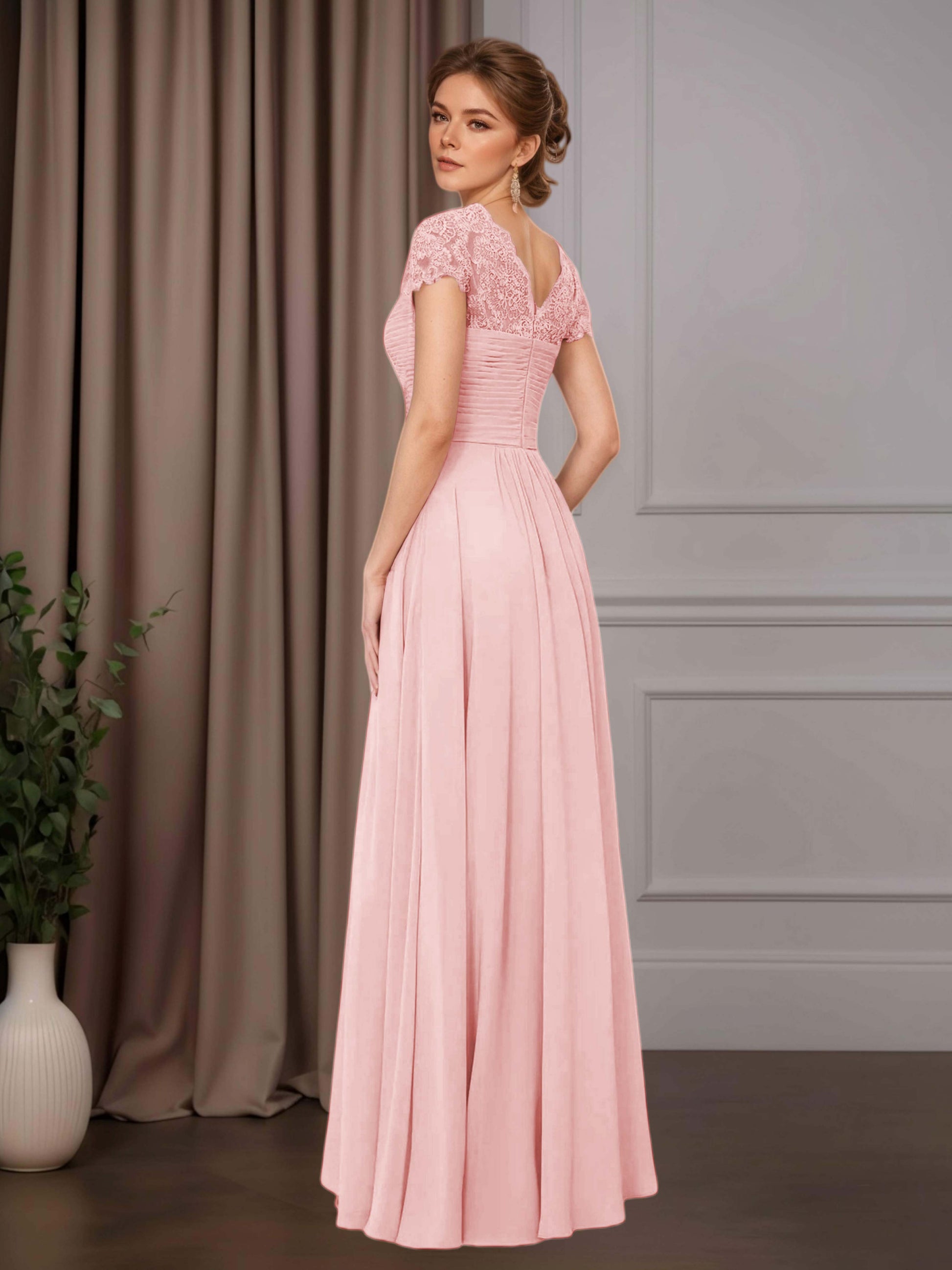 pink chiffon mother of the bride dresses Zapaka Women Dusty Rose Chiffon Long Mother Of The Bride Dress A Line V-Neck Ruched Wedding Guest Dress with Half Sleeves, Dusty Rose / US20W