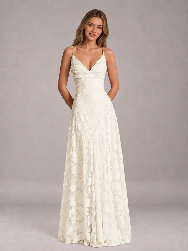 Ivory A-Line V-Neck Spaghetti Straps Sleeveless Floral Lace Floor Length Bridesmaid Dress