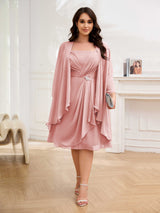 Airy Two Pieces Square Chiffon Knee Length Plus Size Mother Of The Bride Dresses