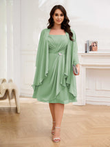 Airy Two Pieces Square Chiffon Knee Length Plus Size Mother Of The Bride Dresses