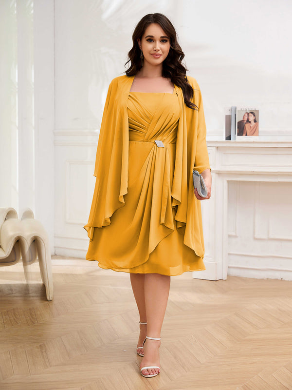 Mustard Airy Two Pieces Square Chiffon Knee Length Plus Size Mother Of The Bride Dresses