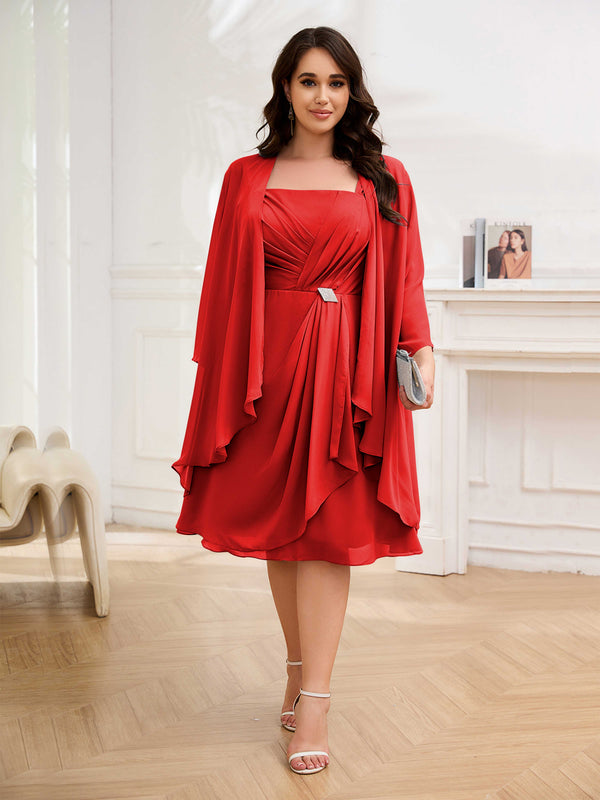 Red Airy Two Pieces Square Chiffon Knee Length Plus Size Mother Of The Bride Dresses