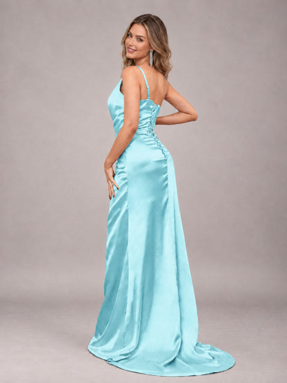 Aqua Blue Alluring Lace-Up Back One Shoulder Stretch Satin Bridesmaid Dress with Slits