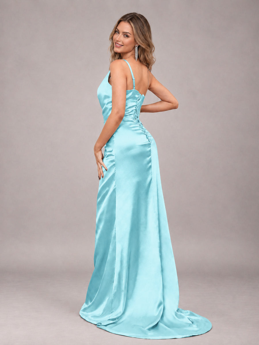 Aqua Blue Alluring Lace-Up Back One Shoulder Stretch Satin Bridesmaid Dress with Slits