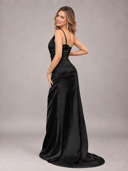 Black Alluring Lace-Up Back One Shoulder Stretch Satin Bridesmaid Dress with Slits