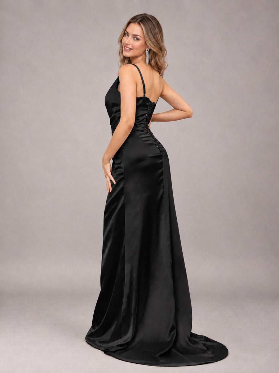 Black Alluring Lace-Up Back One Shoulder Stretch Satin Bridesmaid Dress with Slits