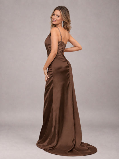 Brown Alluring Lace-Up Back One Shoulder Stretch Satin Bridesmaid Dress with Slits