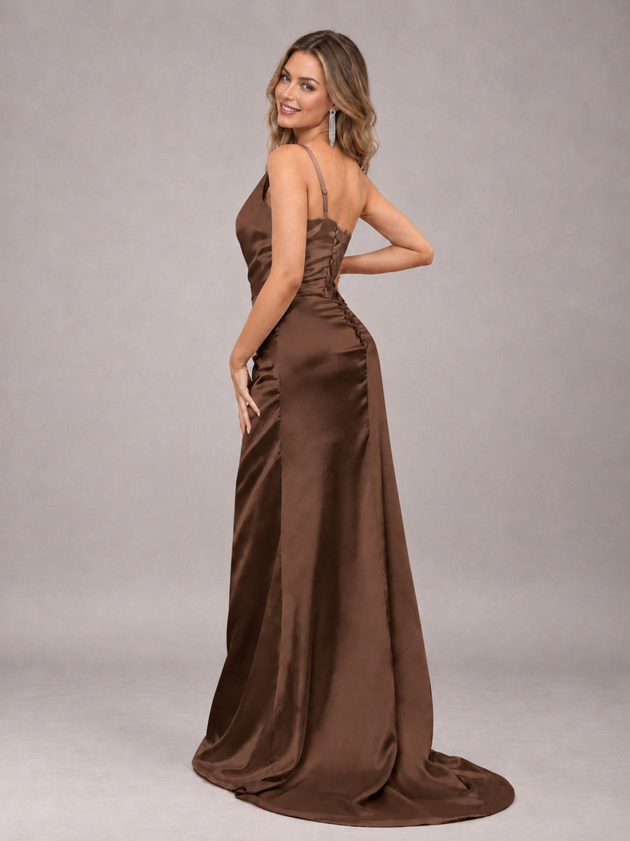 Brown Alluring Lace-Up Back One Shoulder Stretch Satin Bridesmaid Dress with Slits